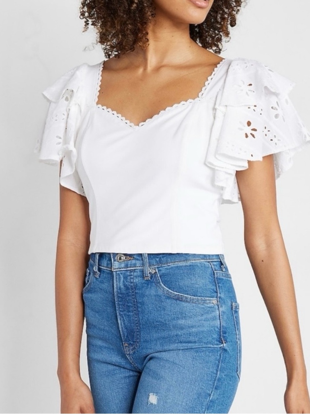 Express white sweetheart eyelet lace ruffle sleeve cropped top M